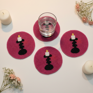 Festive Glow Eco-Friendly Handcrafted <b>Beaded</b> Tea <b>Coaster</b> Candle Design 100mm Diameter Pink Black Accent for Elegant Table Decor - Product Image 1