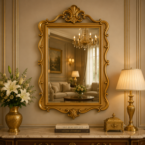 Miroir mural en bois sculpté Savoy Crest, cadre décoratif artisanal, miroir d'appoint haut de gamme pour les espaces de vie sophistiqués - Product Image 1