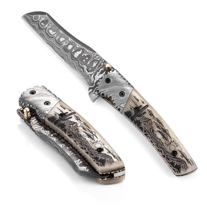 Couteau pliant professionnel en acier Damas - Utilisation pour la chasse et le camping - Qualité industrielle - Longueur totale de 19 cm - Gravure au laser - OEM - Product Image 1