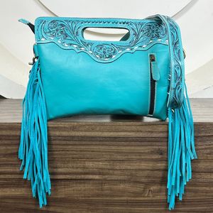 Nouvelles femmes à la mode Turquoise usiné à la main en cuir de vachette frange sac à bandoulière vente chaude en cuir véritable fermeture éclair sacs à bandoulière - Product Image 5