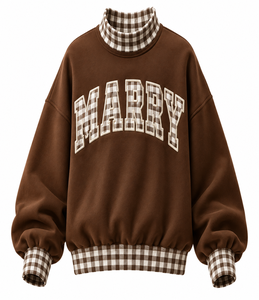 Custom <b>Women</b>’s merry <b>Christmas</b> Oversized Mockneck <b>Sweatshirt</b> Gingham Patchwork Sleeves Letter Applique Embroidered - Product Image 5