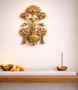 Traditional Brass Floral Wall Vase Handmade Metal <b>Art</b> Decor Gold Finish Medium Size 25-32 Inch Home Decoration - Product Image 2