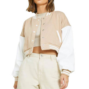 Wholesale <b>Womens</b> Streetwear Crop Varsity <b>Jacket</b> Wool Body Leather Sleeves Custom Logo <b>Bomber</b> <b>Jacket</b> - Product Image 4