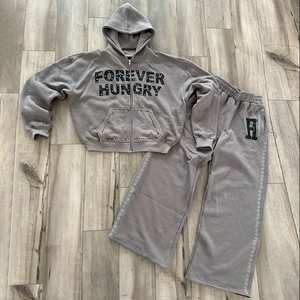 Ensemble streetwear deux pièces oversize unisexe rose délavé et vieilli, comprenant un sweat à capuche et un pantalon de survêtement épais – Collection Hiver du fabricant - Product Image 5