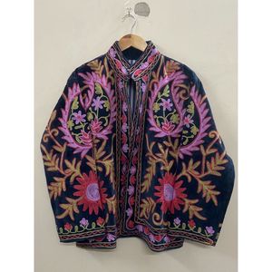 Hand Embroidered <b>Velvet</b> Knitted Cotton <b>Jacket</b> <b>Women</b> Mandarin Collar Full Sleeve Floral Pattern Open Front Prairie Winter/Spring - Product Image 1