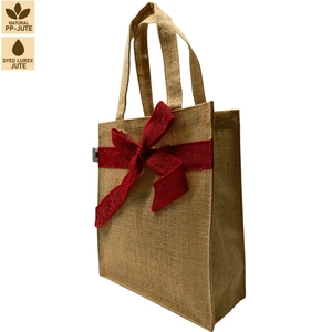 Sac cadeau de Noël en jute avec nœud en lurex rouge 26x30x10,5 cm, logo personnalisé, vente en gros, OEM, marque privée, emballage festif, sac fourre-tout, exportateur - Product Image 2