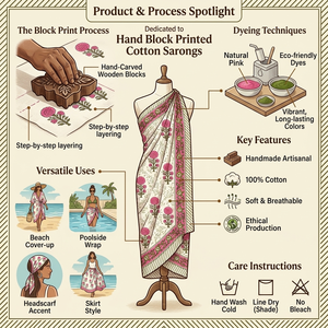 Cotton Block Printed Draped <b>Sarongs</b> Handcrafted Patterns Eco-Friendly Breathable Beachwear Resort Fashion Travel Gifting Front - Product Image 6