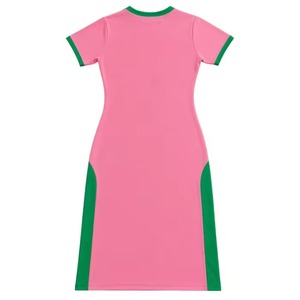 Vestido largo casual de manga corta verde y rosa para mujer con estampado de letras griegas, ropa de hermandad, atuendo de moda ajustado para equipo - Product Image 3
