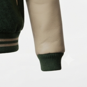 <b>Men's</b> Green Varsity <b>Jacket</b> With Cream Leather Sleeves Embroidered <b>Letter</b> Logo Turn-down Collar Autumn Preppy Style - Product Image 6