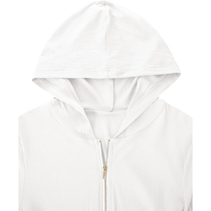 Premium OEM ODM Women's <b>White</b> Knitted Hooded <b>Crop</b> <b>Top</b> Full <b>Sleeve</b> Zip-Up Solid Color Autumn Wear Breathable <b>Long</b> <b>Sleeve</b> Sweater - Product Image 6
