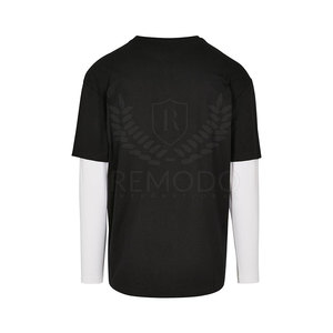 T-shirt décontracté noir à manches courtes pour homme avec logo brodé personnalisé et design superposé à manches longues blanches contrastantes, col rond, en jersey - Product Image 2
