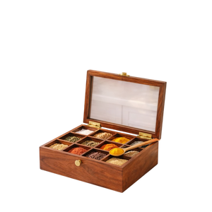 Boîte à épices triangulaire en bois artisanale avec couvercle en verre, boîte à masala indienne traditionnelle, organisateur de cuisine pour épices - Product Image 5