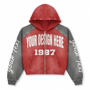 Sweat à capuche zippé surdimensionné avec logo personnalisé, effet vieilli, 400 GSM, délavé au soleil, strass, haute qualité, streetwear unisexe, 100% coton - Product Image 1