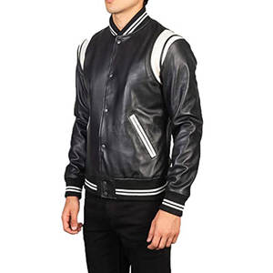 Veste universitaire en cuir élégante avec un design bicolore, des détails côtelés et des boutons-pression sécurisés sur le devant - Product Image 3