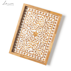 Plateau de rangement personnalisé en bois, forme rectangulaire, incrustation florale, finition vernie, design oriental, durable, respectueux de l'environnement, pour bureau - Product Image 1