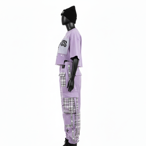 Conjunto de Pantalones Cargo y Top Corto de Felpa de Algodón Lavanda para Mujer, 270 GSM, Paneles de Patchwork a Cuadros, Estampado de Serigrafía, Logotipo Personalizado - Product Image 3