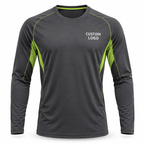 T-shirt de sport à manches longues pour homme, gris foncé, panneaux en mesh vert lime, séchage rapide, col rond, coupe classique, logo personnalisé imprimé sur le devant - Product Image 6