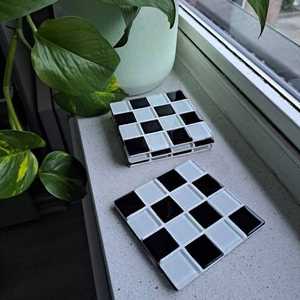 <b>Blue</b> and Green Checkered Mosaic Glass Tile <b>Coaster</b> Set with Perfume Bottle - Product Image 2