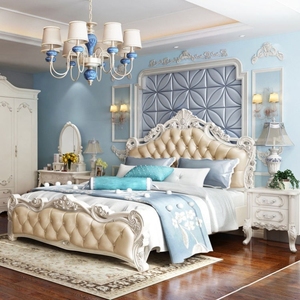 European Classic Luxury Gold Carved Wedding <b>Bed</b> Royal PU Leather Tufted King Size <b>Bed</b> Elegant Villa Bedroom Furniture - Product Image 3