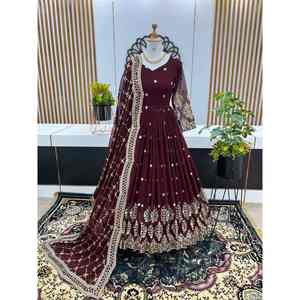 Elegante Vestido de Georgette con Bordado de Lentejuelas y Dupatta en Color Granate - Product Image 1