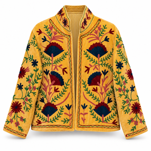 Veste brodée Suzani jaune moutarde, broderie florale d'art populaire, vêtements ethniques bohèmes pour femmes, vêtements de mode boutique - Product Image 1