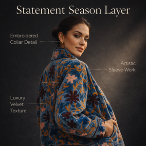 Chaqueta de terciopelo azul cobalto hecha a mano para mujer, con bordado floral elaborado, cuello alto, estilo boutique. - Product Image 4