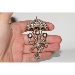 Broche parapluie antique ottomane en argent 925 plaqué or 10 carats, sertie de diamants de laboratoire taille rose et de moissanite en argent 925 - Product Image 1