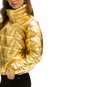 High Street Custom Elastic Bottom Cuff Full Zip Metallic Shiny Gold Quilted Waterproof Windproof <b>Puffer</b> <b>Jacket</b> Autumn <b>Crop</b> Women - Product Image 5