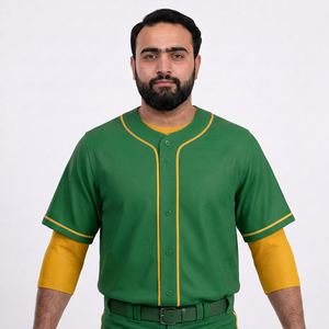 ชุดเบสบอลชาย สีเขียวเหลือง ชุดเสื้อเจอร์ซีย์และกางเกงขายาว แขนสั้น คอวี ระบายอากาศ ป้องกันแบคทีเรีย ซึมซับความชื้น - Product Image 5