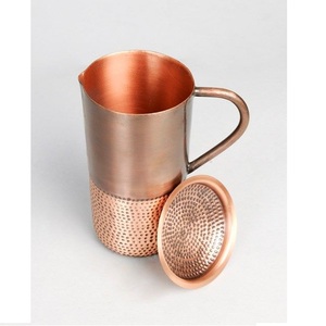Handcrafted Cylindrical Hammered Pure <b>Copper</b> Water Jug Pitcher Set with Brass Finial <b>Knob</b> Lid & 2 Glasses - Product Image 4