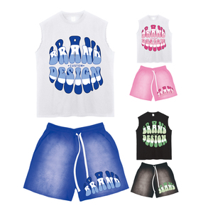 Classic High-end <b>Designer</b> Summer Fashion <b>Men</b> Custom Silk Screen Printed Breathable Acid Wash 100% Cotton <b>Shorts</b> <b>T</b>-<b>shirts</b> <b>Set</b> - Product Image 3