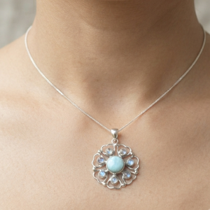 Wholesale 925 Sterling Silver Larimar Blue <b>Fire</b> Rainbow Moonstone Floral Mandala Pendant Handmade Women Bohemian Gold Plated - Product Image 2