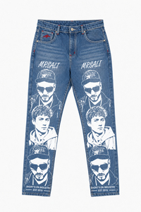Jean en denim coupe droite Afernon Industry, délavage foncé, imprimé motif bleu, style streetwear, taille mi-haute, coupe régulière, en coton - Product Image 4