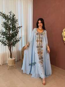 Awais House Women's Light Blue Embroidered Abaya Long Sleeve Floor Length Modest Floral Design For Wedding And Eid - Product Image 3