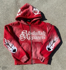 Abdullah Apparels <b>Men</b> <b>Red</b> Zip Up <b>Hoodie</b> Acid Wash Flame Arrow Graphic Print Hip Hop Streetwear - Product Image 1