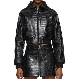 Chaqueta de Cuero Genuino con Patrón de Cocodrilo Negro de Lujo, Estilo Bomber, Abrigo de Piel Grabada Vintage, OEM - Product Image 5