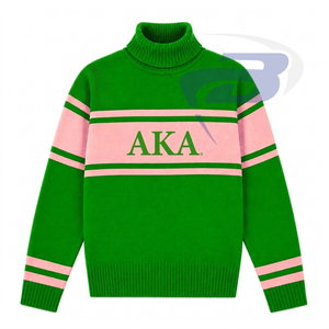 Alpha |   Kapa |   Pull à col roulé Alpha Sorority avec rayures roses et logo brodé, style preppy, pull d'hiver pour femmes - Product Image 1