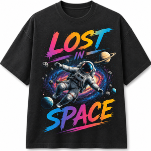 T-shirt noir pour homme à manches courtes et col rond, coupe classique, imprimé astronaute Lost Space, style Hip Hop, 100% coton jersey 180g, transfert thermique - Product Image 1