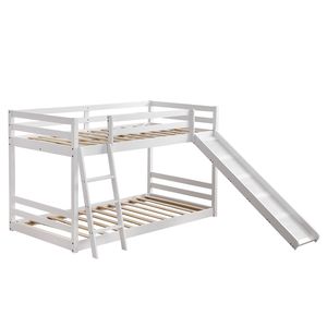 White Twin Pine Wooden Kids' Bed with Elevated Cross Guard Rail & <b>Slide</b> - Product Image 1