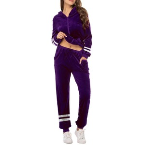 Ensemble de survêtement en velours violet pour femmes, à capuche, manches longues, couleur unie, tenue de jogging décontractée avec poches latérales et cordon de serrage - Product Image 1