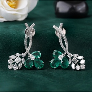 14K White Gold <b>Fine</b> Dangle <b>Earrings</b> 6.39 CT Green Pear Emerald Lab Grown Diamond Floral Drop Elegant and Luxurious - Product Image 1