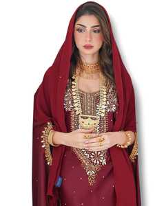 Awais House Women's Maroon Polyester Floor Length <b>Kaftan</b> Beaded Embroidery Sweetheart Neck <b>Long</b> Sleeve Modest Stretchable - Product Image 5