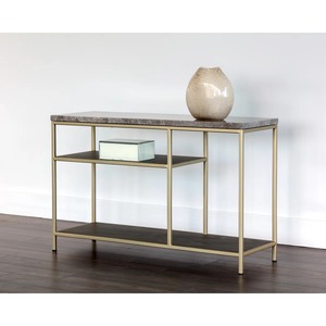 Console Moderne en Fer Doré avec Design Convertible Miroir, Plateau en Métal Gris et Étagères de Rangement Ouvertes – Meuble d'Entrée - Product Image 6