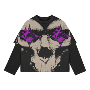 เสื้อยืดแขนยาวทรงโอเวอร์ไซส์สำหรับผู้ชาย ลายหัวกะโหลก สไตล์พังก์ แต่งขอบตัดกัน คอกลม ผ้าเจอร์ซีย์คอตตอน ราคาถูก รับผลิตแบบ OEM - Product Image 4