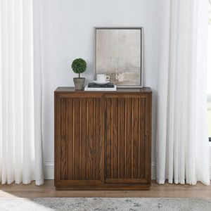 Credenza in Legno Massello Stile Mid-Century con 2 Ante Scorrevoli e Listelli Decorativi per Stoccaggio in Soggiorno, Cucina o Sala da Pranzo - Product Image 2