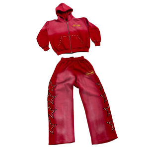 Ensemble de survêtement surdimensionné 2 pièces personnalisé pour hommes et femmes, sweat à capuche zippé avec étoile en strass et pantalon de jogging à jambes larges, disponible en trois couleurs - Product Image 3