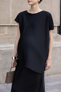 Conjunto de Dos Piezas para Mujer, Verano, Mezcla de Seda, Color Sólido, Asimétrico, Elegante, Corte Diagonal, Cuello Redondo, Manga Corta, Falda Informal y Camisa - Product Image 4