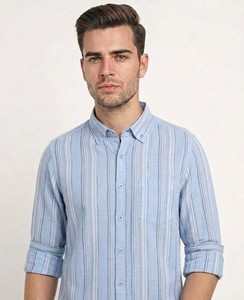 Camisa de Verano de Lino Sarga a Rayas Casual con Doble Botonadura y Cuello Abotonado Transpirable ODM - Product Image 2
