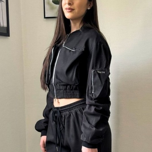 New Arrival Custom Printed Casual Autumn <b>Women's</b> Windbreaker <b>Set</b> with Line Piping Contrast Black Nylon Zipper Jacket Pants Suit - Product Image 5