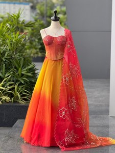 Designer Ombre <b>Red</b> Yellow Floor-Length Quick Dry Lehenga Choli Set with Dupatta Women Party Wear Wedding Festive Ethnic Dress - Product Image 3